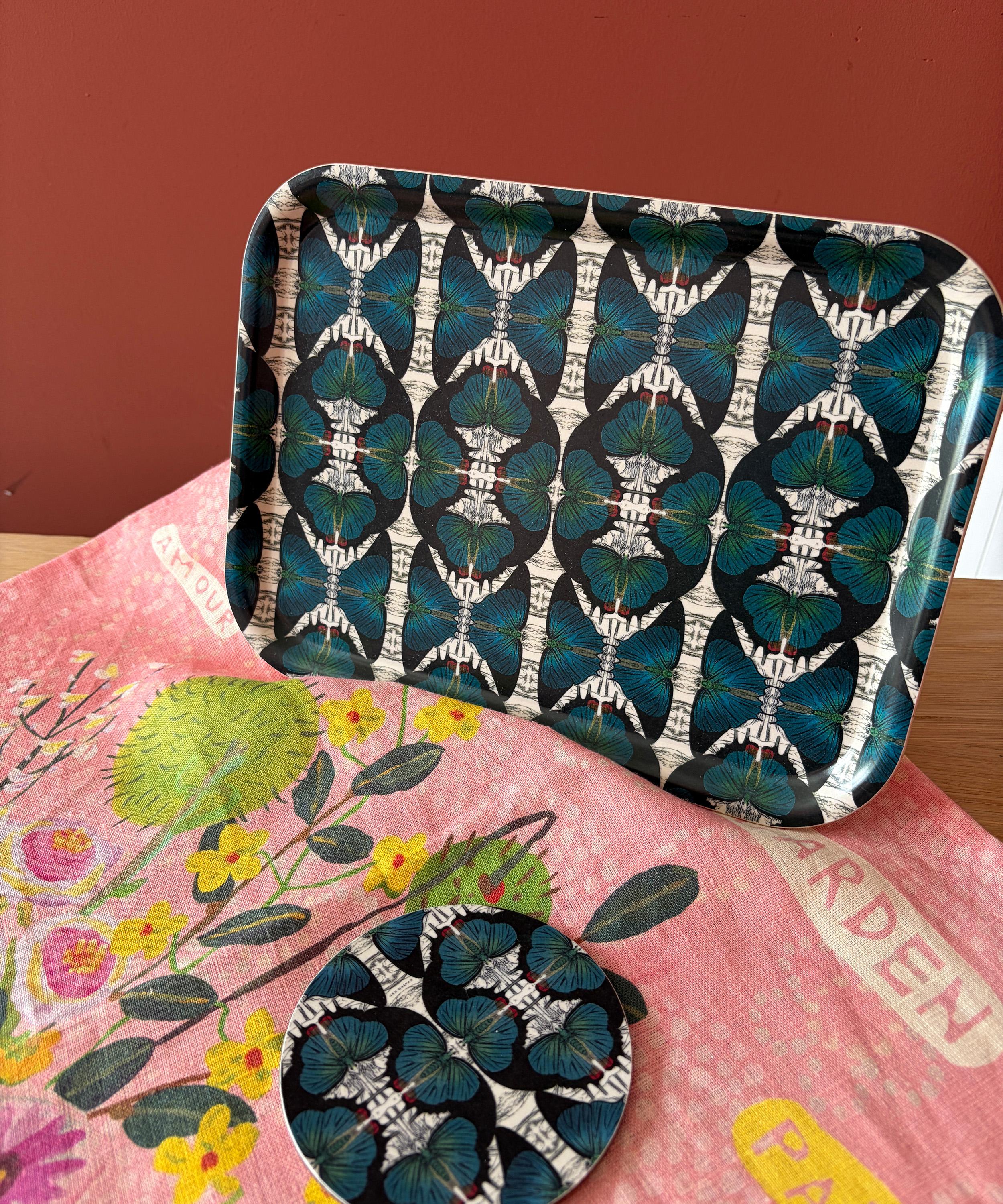 Avenida Home - Blue Butterfly Square Birch Wood Tray image number 2