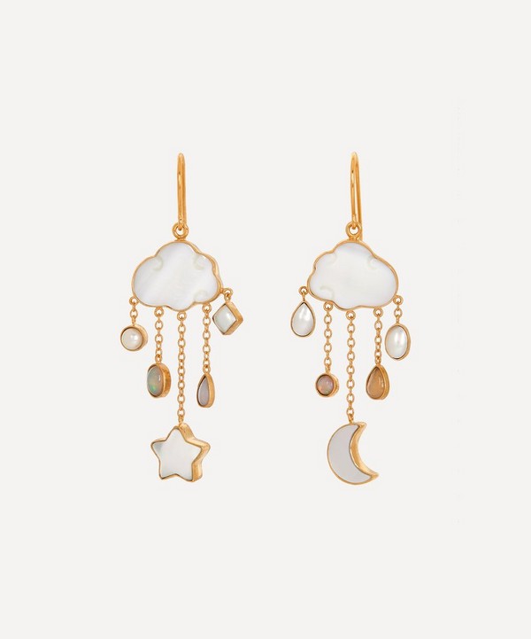 Grainne Morton - Gold-Plated Cloud and Rain Asymmetric Multi-Stone Chain Drop Earrings image number null