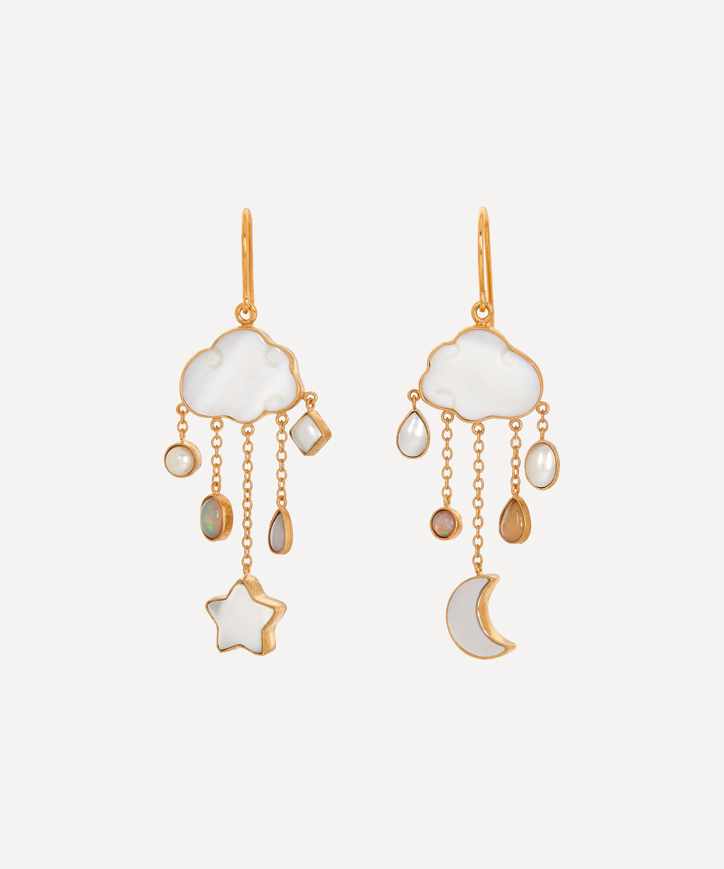 Grainne Morton - Gold-Plated Cloud and Rain Asymmetric Multi-Stone Chain Drop Earrings image number 0