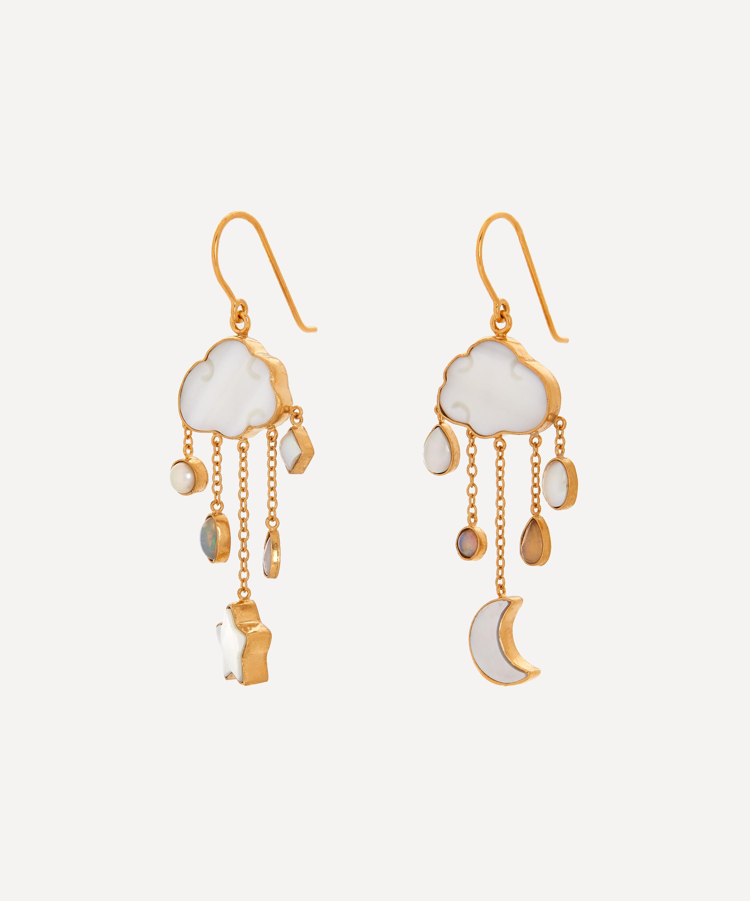 Grainne Morton - Gold-Plated Cloud and Rain Asymmetric Multi-Stone Chain Drop Earrings image number 2