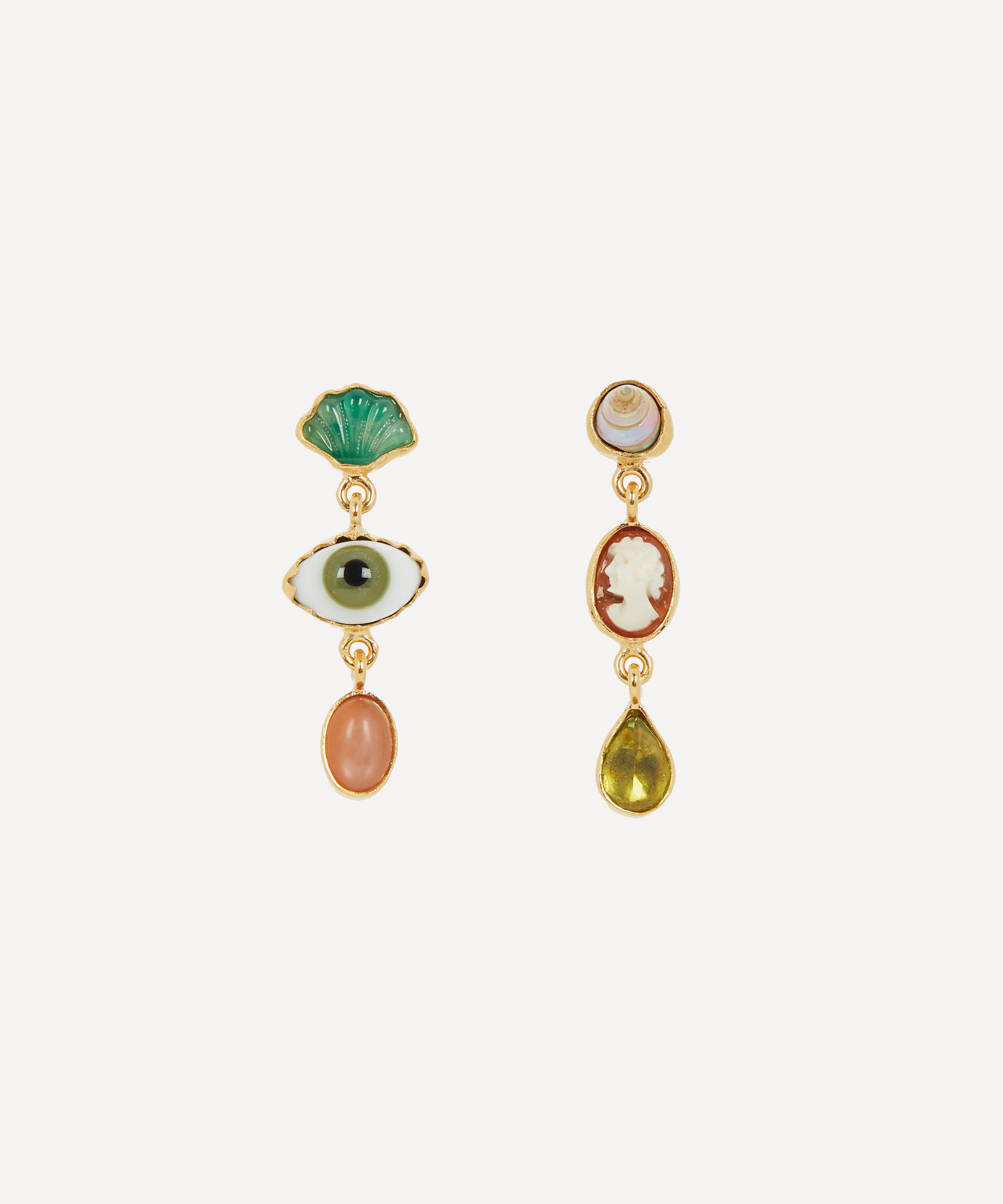 Grainne Morton - Gold-Plated Asymmetric Multi-Stone Three Charm Drop Earrings image number 0