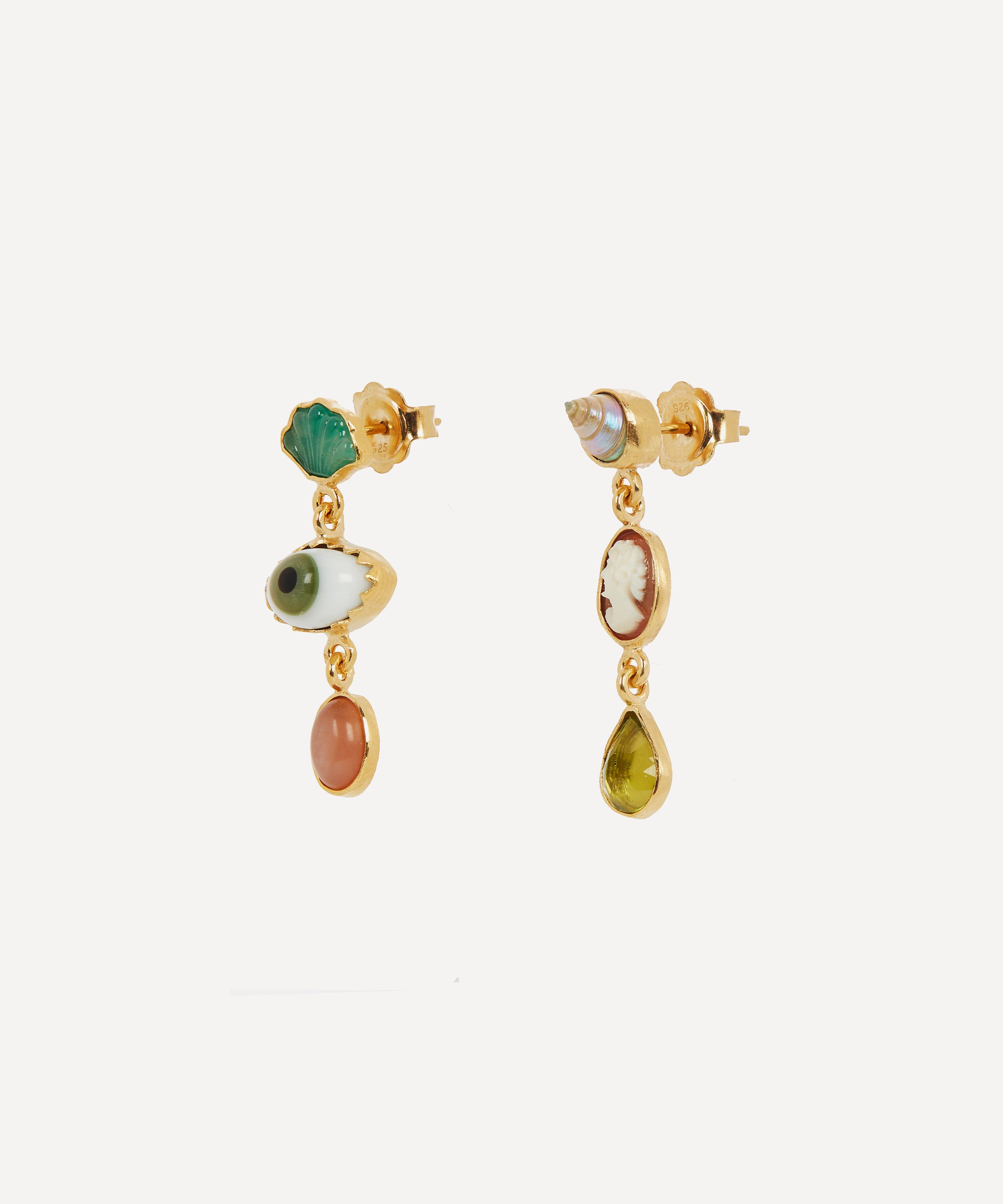 Grainne Morton - Gold-Plated Asymmetric Multi-Stone Three Charm Drop Earrings image number 2