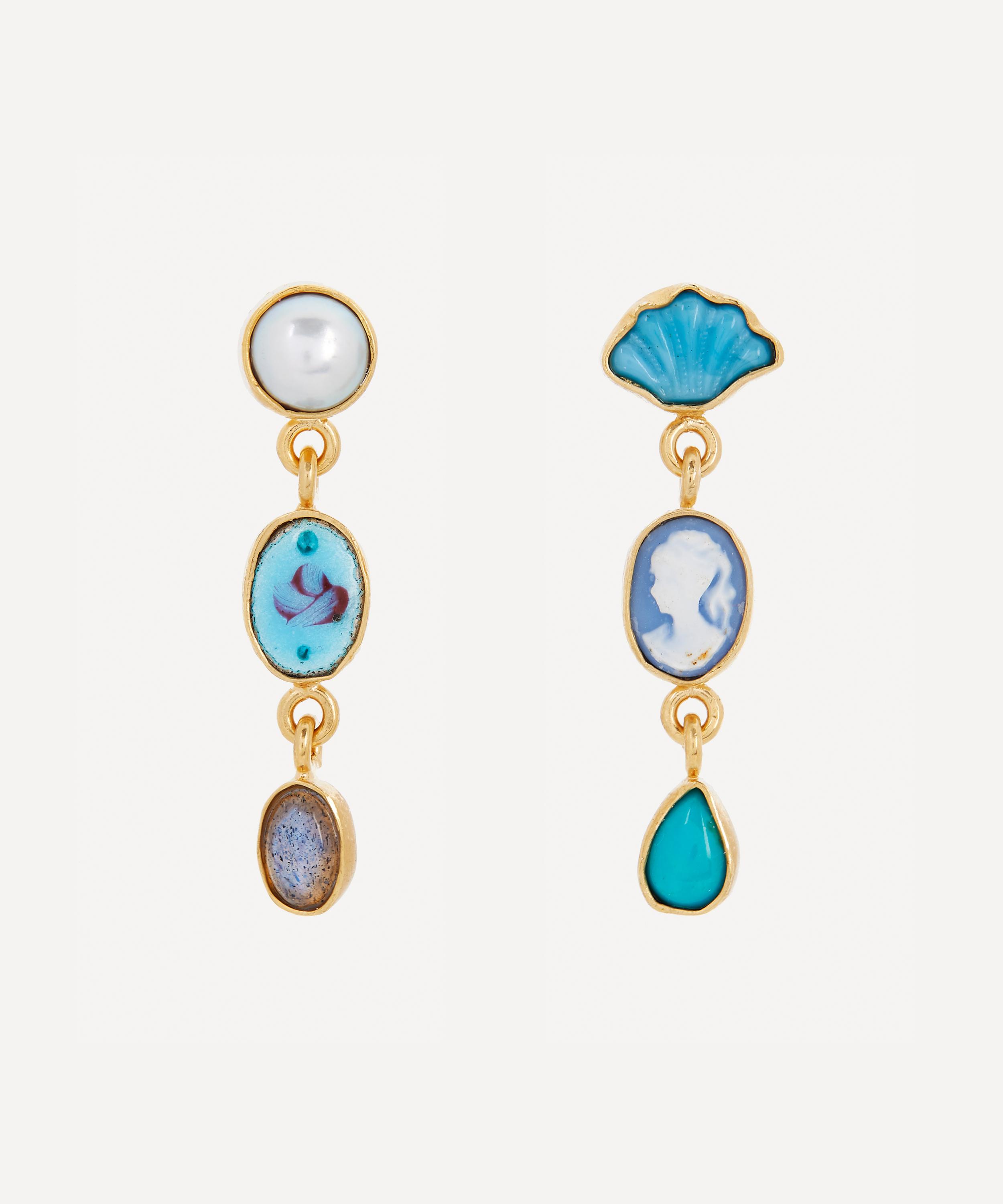 Grainne Morton - Gold-Plated Asymmetric Multi-Stone Three Charm Drop Earrings
