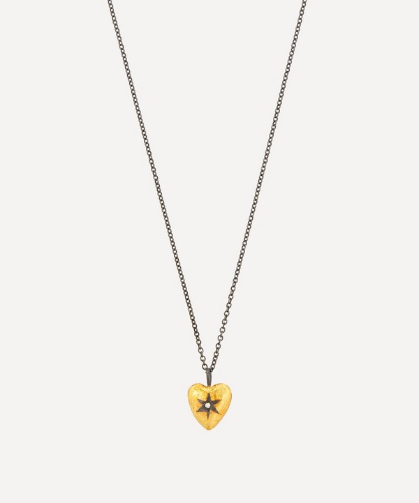 Acanthus - Oxidised Silver Diamond Star Reversible Heart Pendant Necklace