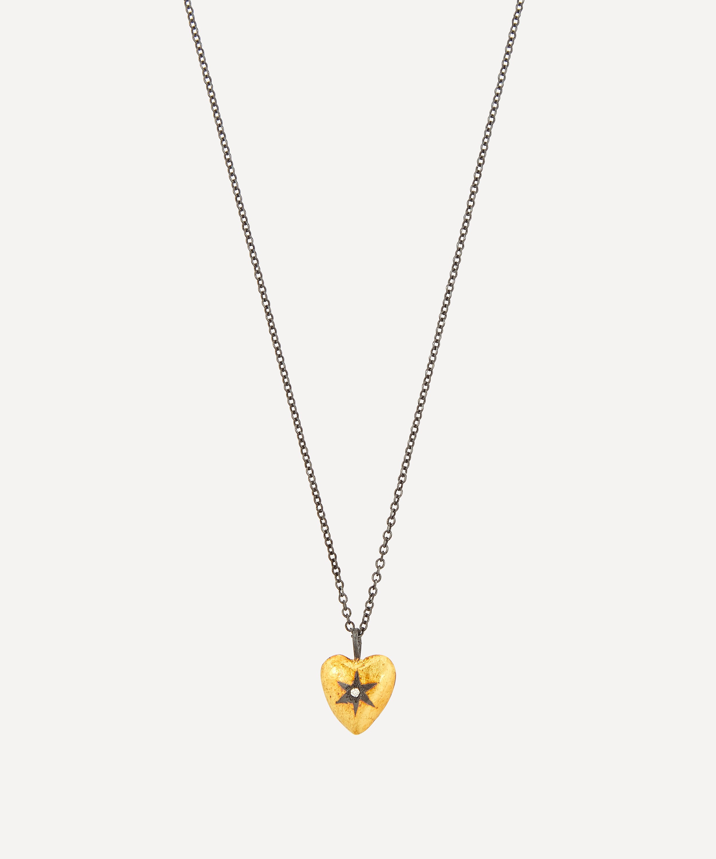 Acanthus - Oxidised Silver Diamond Star Reversible Heart Pendant Necklace