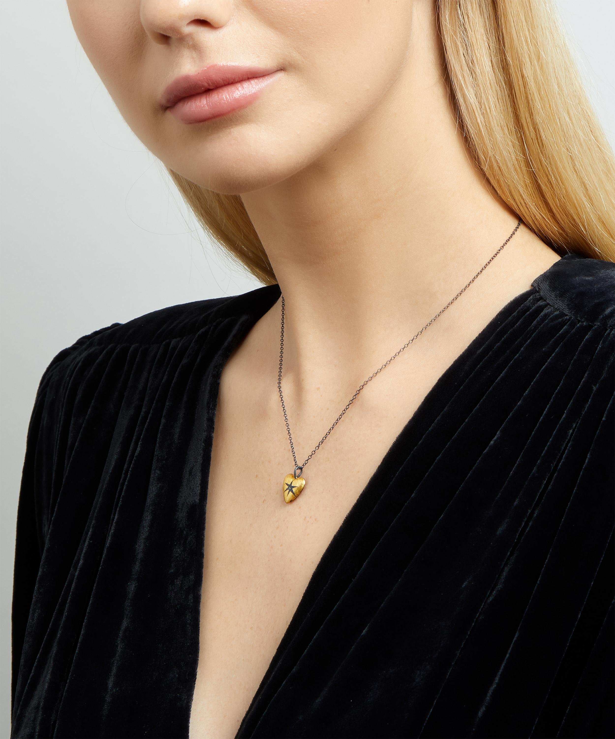 Acanthus - Oxidised Silver Diamond Star Reversible Heart Pendant Necklace image number 1