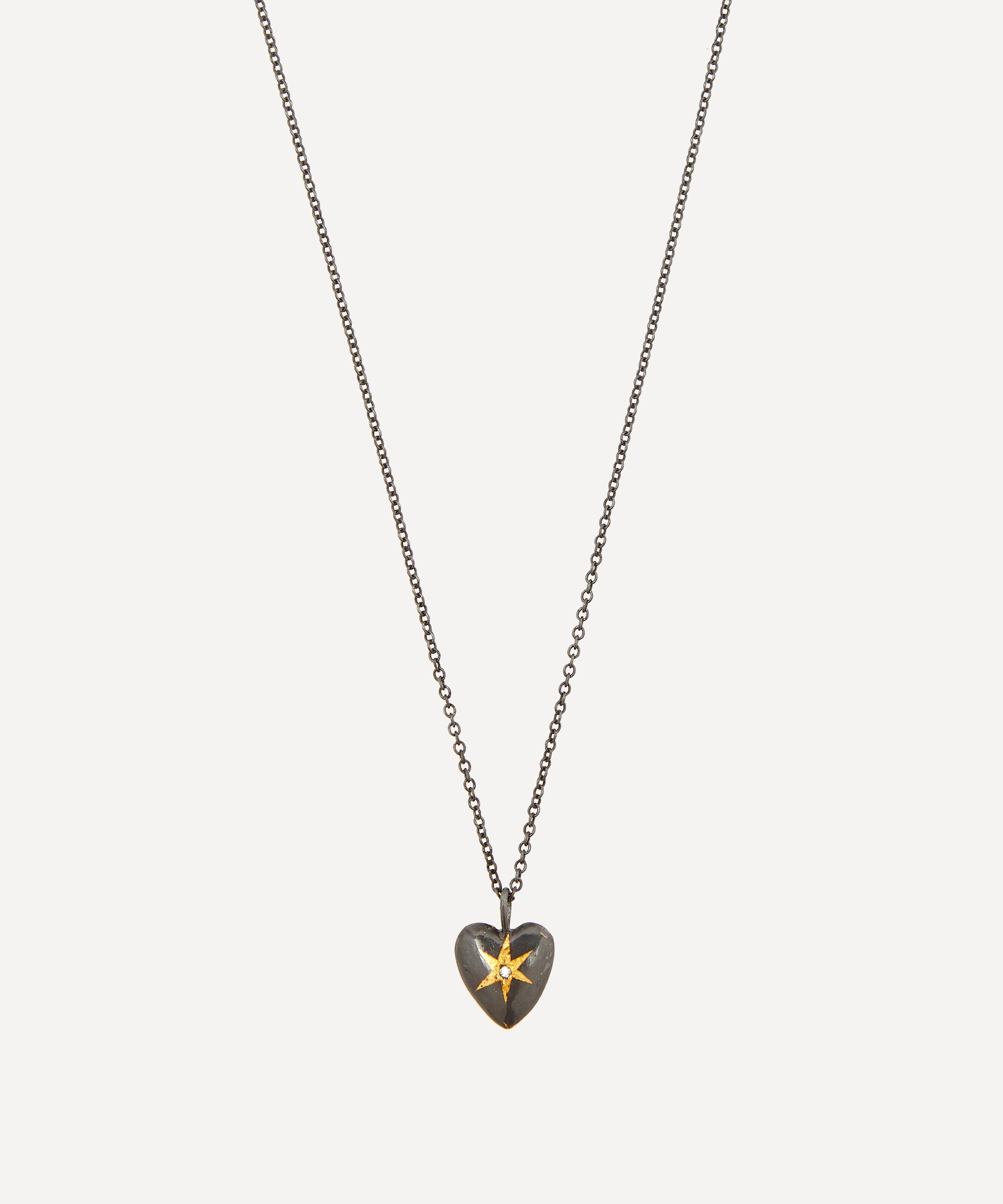 Acanthus - Oxidised Silver Diamond Star Reversible Heart Pendant Necklace image number 3