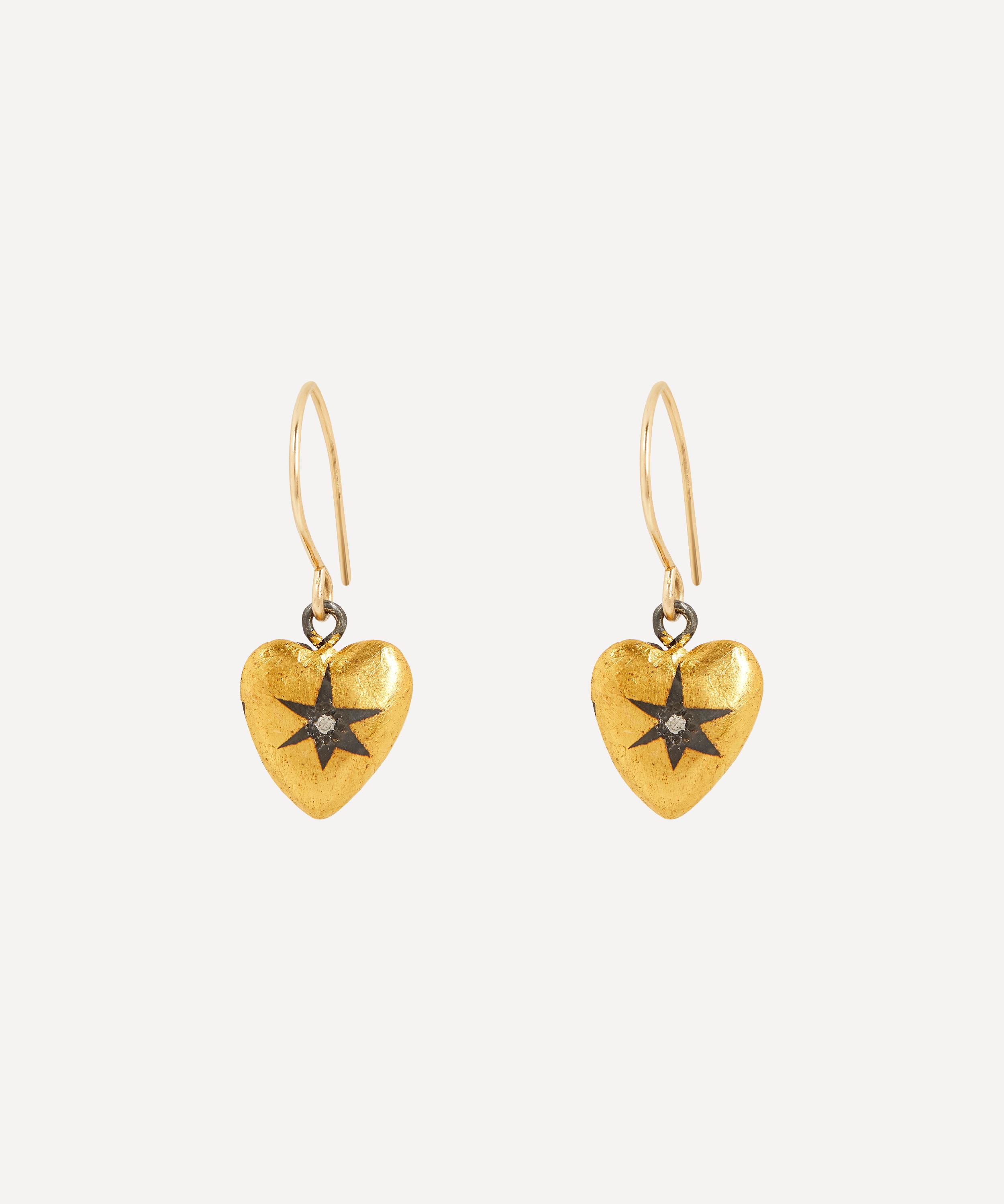 Acanthus - Oxidised Silver Diamond Star Heart Drop Earrings