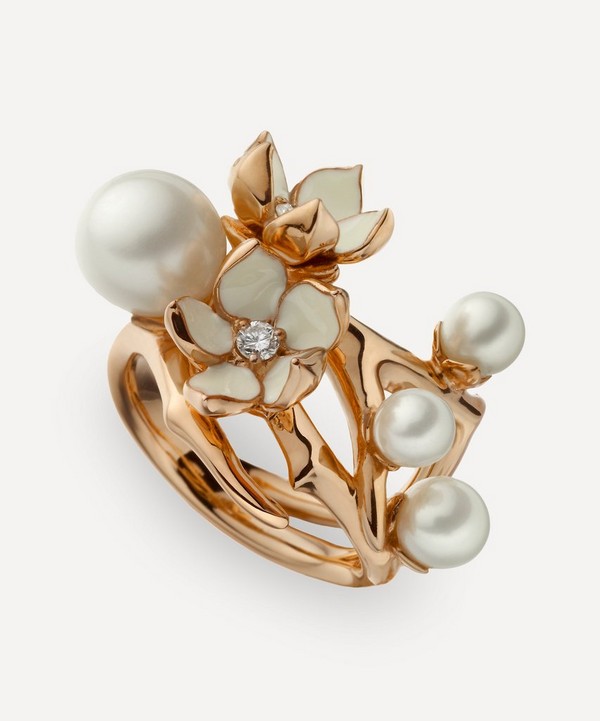 Shaun Leane - Rose Gold Plated Vermeil Silver Cherry Blossom Pearl and Diamond Flower Ring image number null