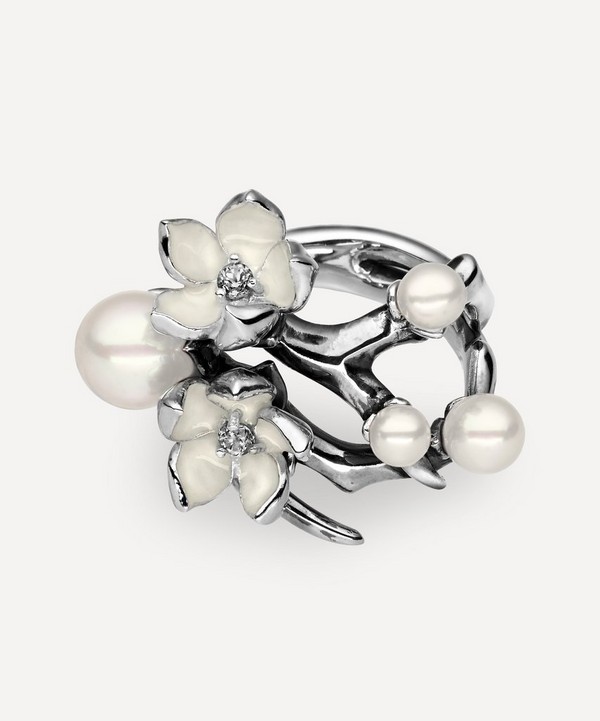 Shaun Leane - Silver Cherry Blossom Pearl and Diamond Flower Ring image number null