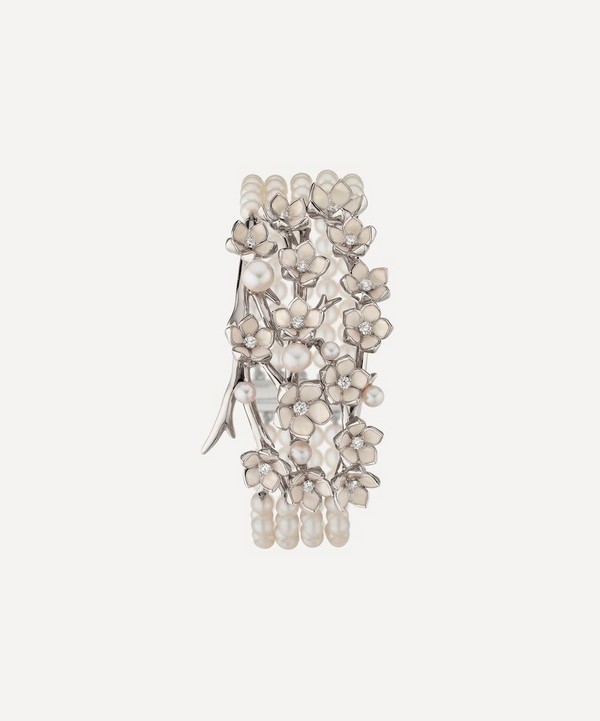 Shaun Leane - Silver Cherry Blossom Diamond Flower and Pearl Strand Bracelet image number null