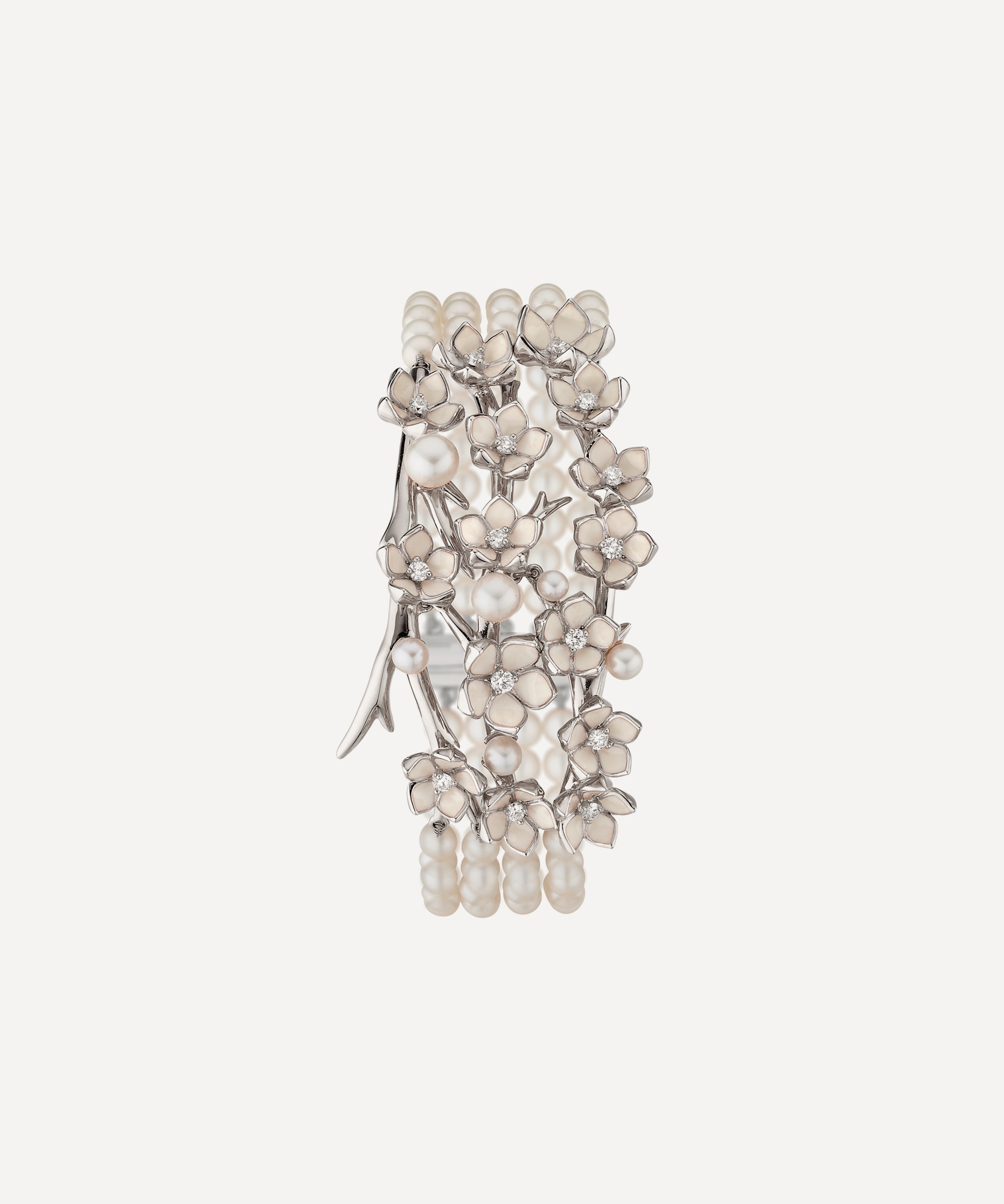 Shaun Leane - Silver Cherry Blossom Diamond Flower and Pearl Strand Bracelet image number 0