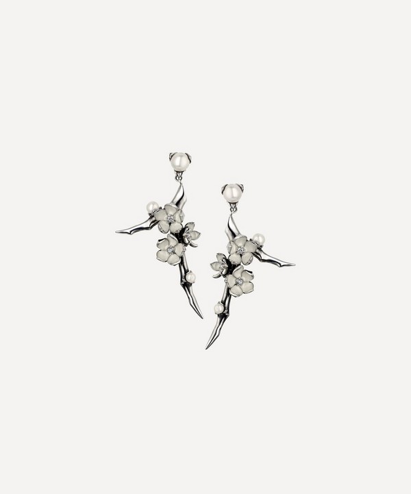 Shaun Leane - Cherry Blossom Small Pearl and Diamond Flower Drop Earrings image number null