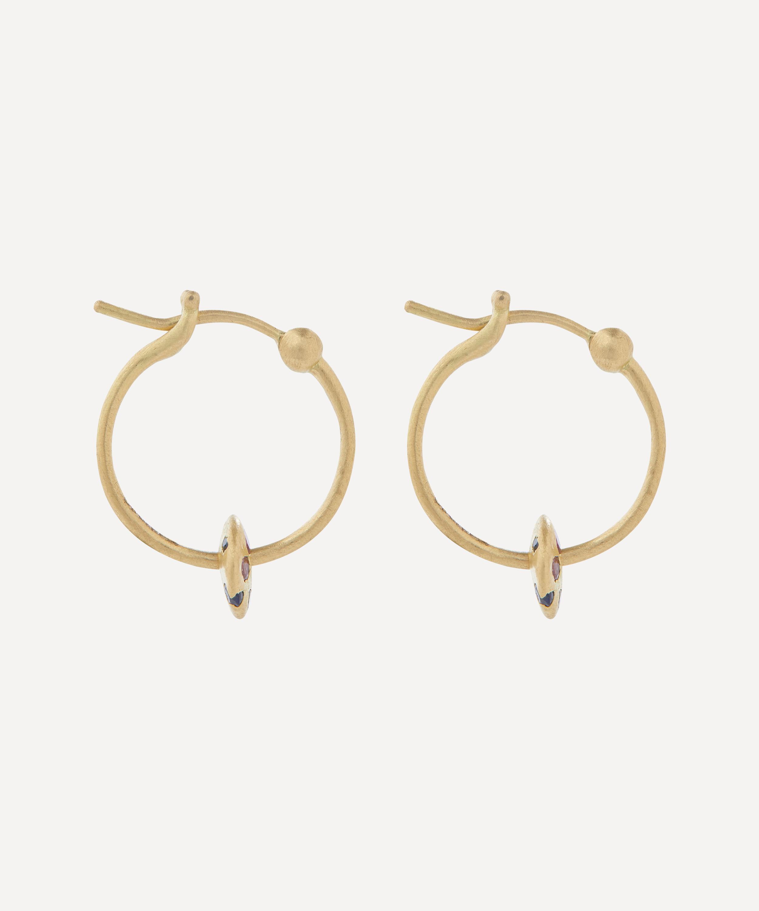 Polly Wales - 18ct Gold Mini Rainbow Sapphire Spinner Hoop Earrings image number 2