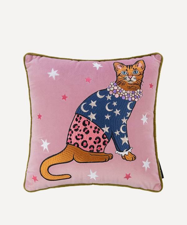 Karen Mabon - Moon and Stars Embroidered Cat Cushion image number 0