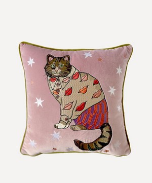 Karen Mabon - Lips Embroidered Cat Cushion image number 0