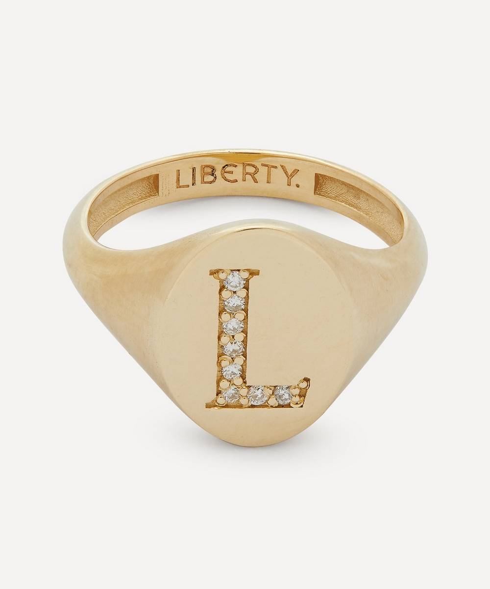 Liberty - 9ct Gold and Diamond Initial Liberty Signet Ring - L