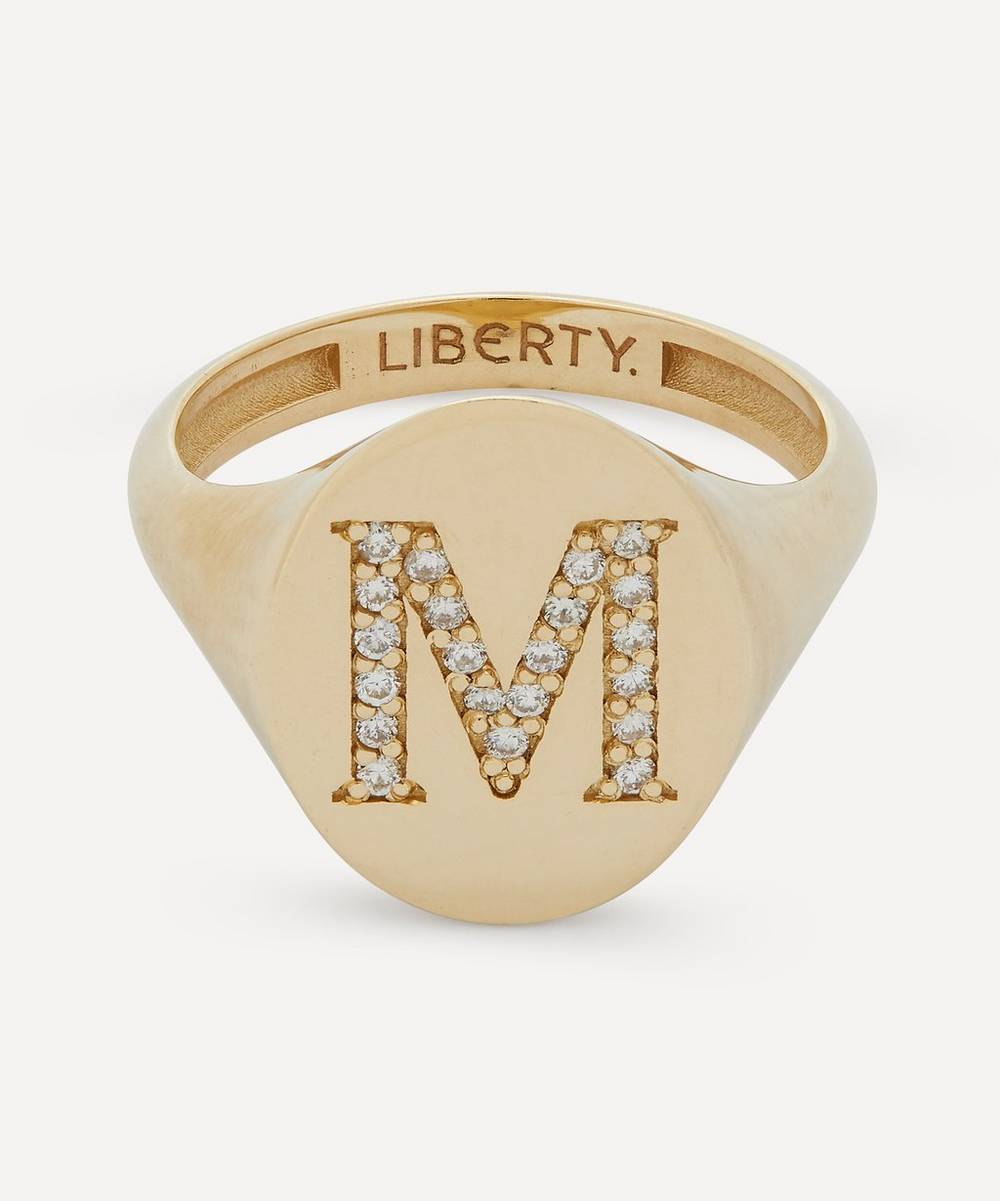Liberty - 9ct Gold and Diamond Initial Liberty Signet Ring - M