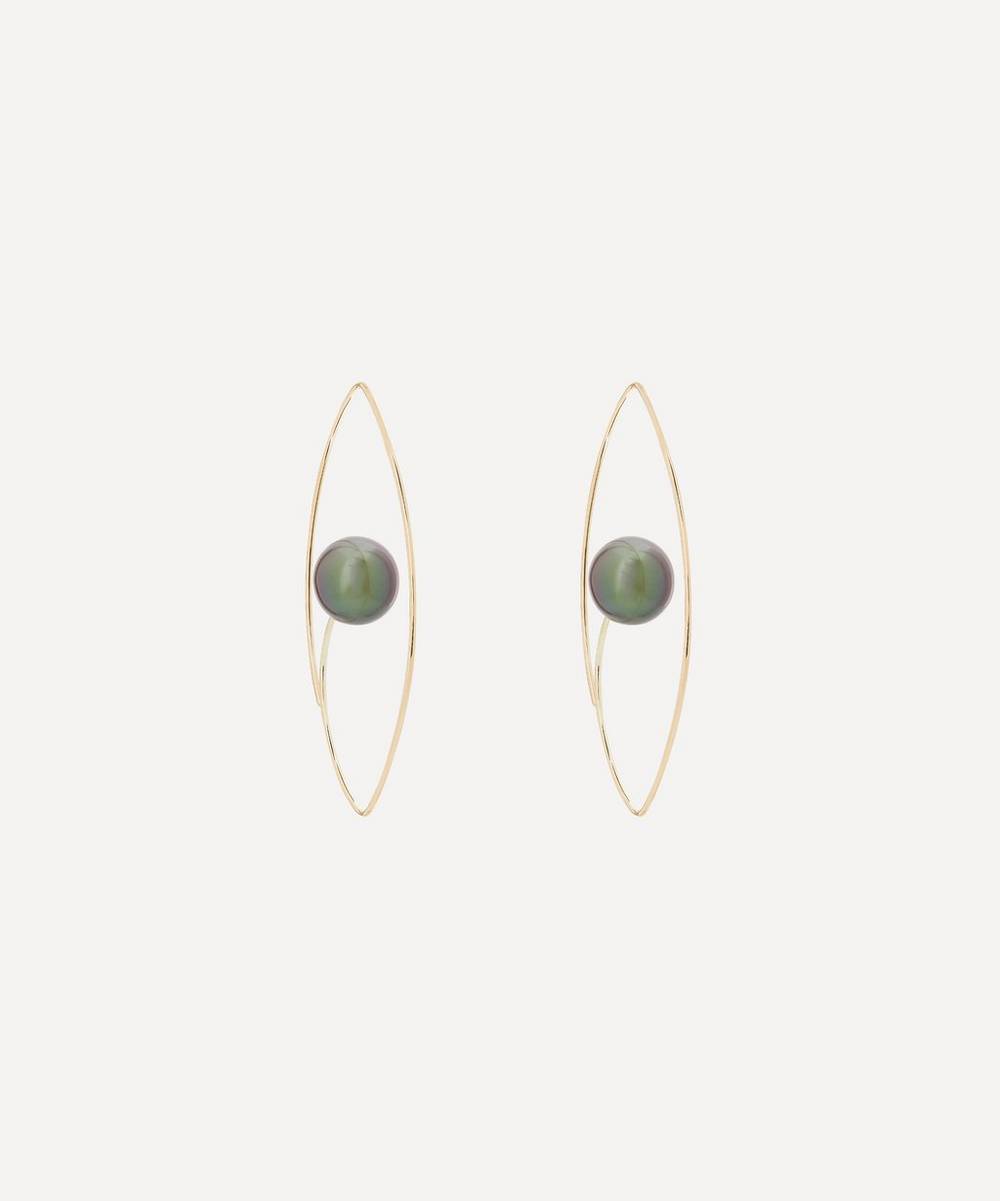 Hirotaka - 10ct Gold Large Tahitian Black Pearl Floating Oval Hoop Earrings