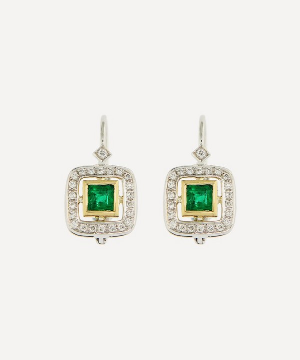 Kojis - White Gold Art Deco-Style Emerald and Diamond Drop Earrings image number null