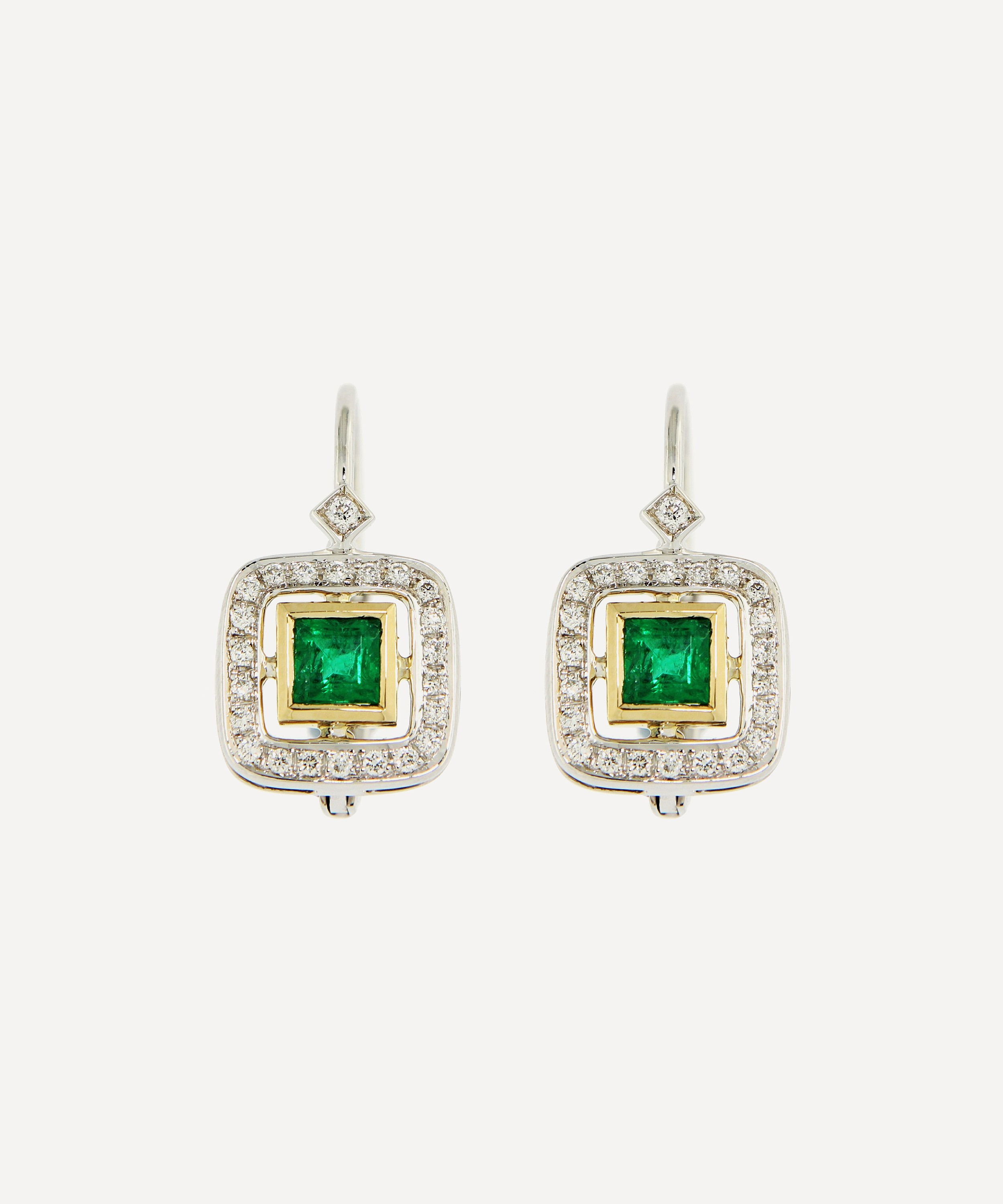 Kojis - White Gold Art Deco-Style Emerald and Diamond Drop Earrings image number 0