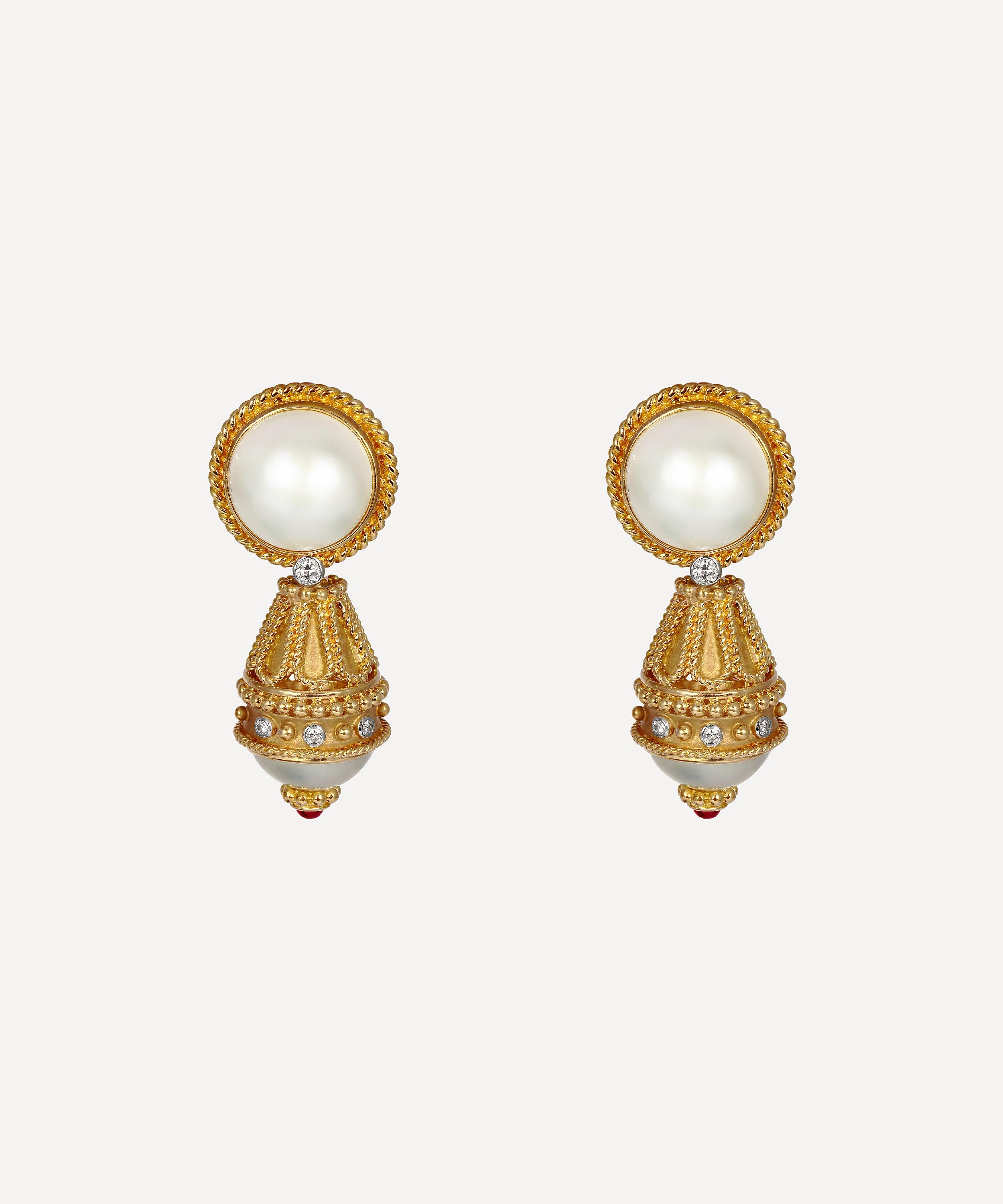 Kojis - Gold Pearl and Diamond Detachable Drop Earrings image number 0