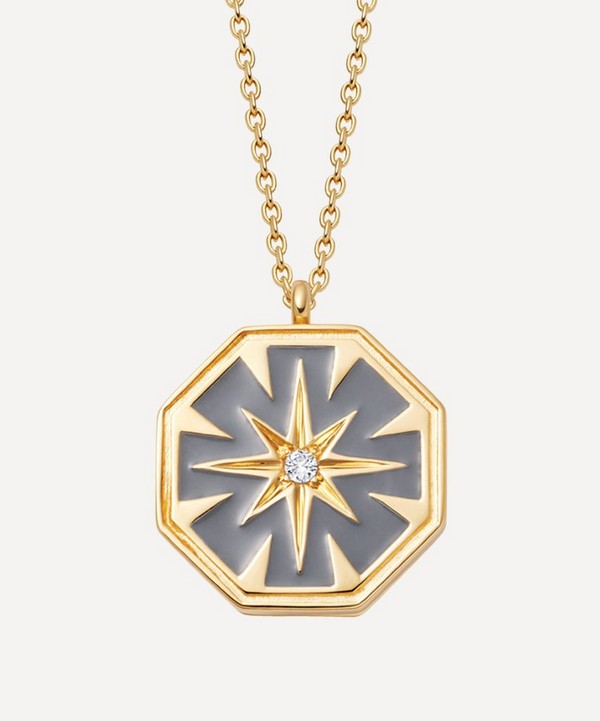 Astley Clarke - Gold Plated Vermeil Silver Celestial Grey Enamel Dial Locket Necklace image number null