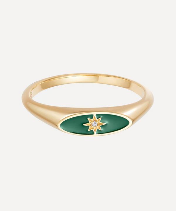 Astley Clarke - Gold Plated Vermeil Silver Celestial Green Enamel Orbit Signet Ring image number null