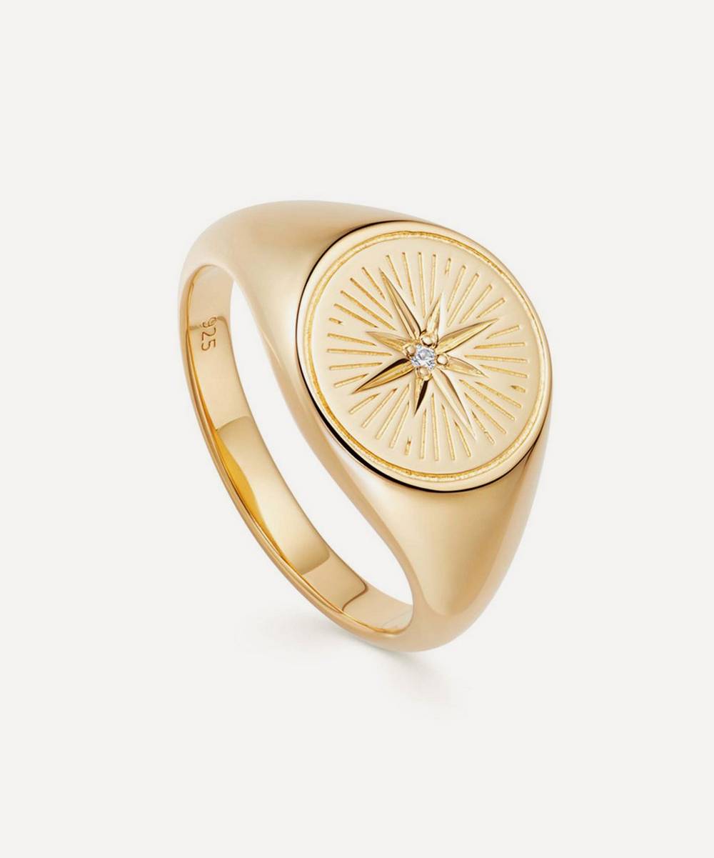 Astley Clarke - Gold Plated Vermeil Silver Celestial Compass White Sapphire Signet Ring