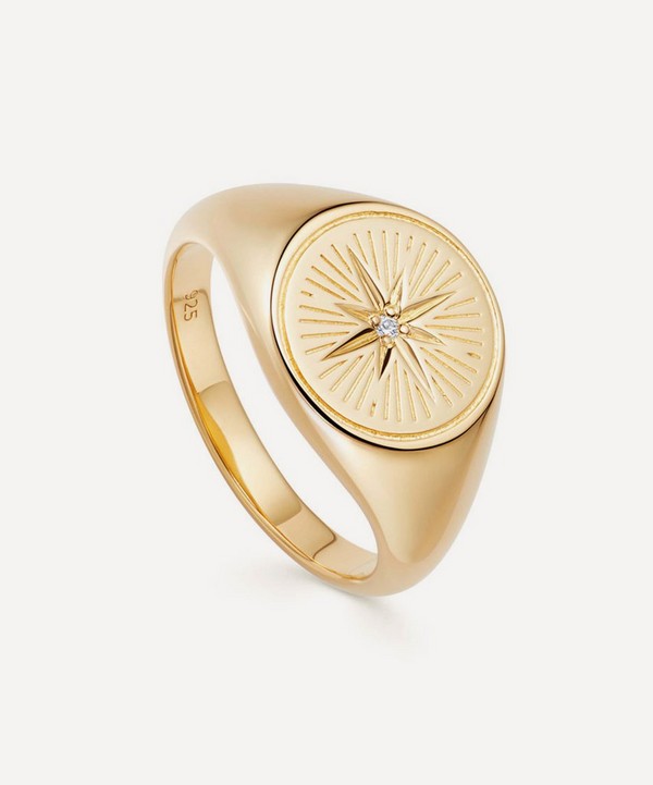 Astley Clarke - Gold Plated Vermeil Silver Celestial Compass White Sapphire Signet Ring image number null