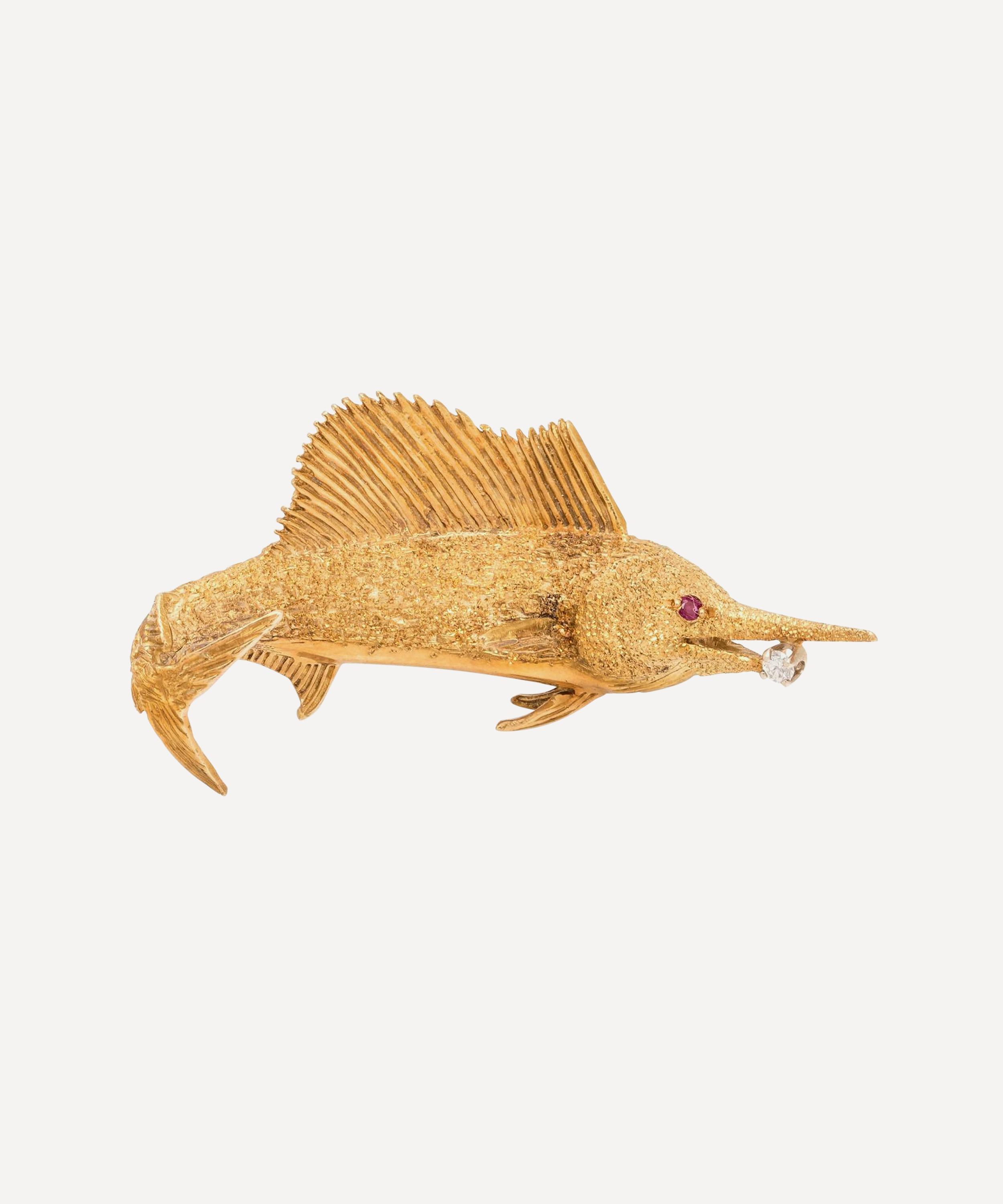 Kojis - 14ct Gold Ruby and Diamond Marlin Fish Brooch image number 0