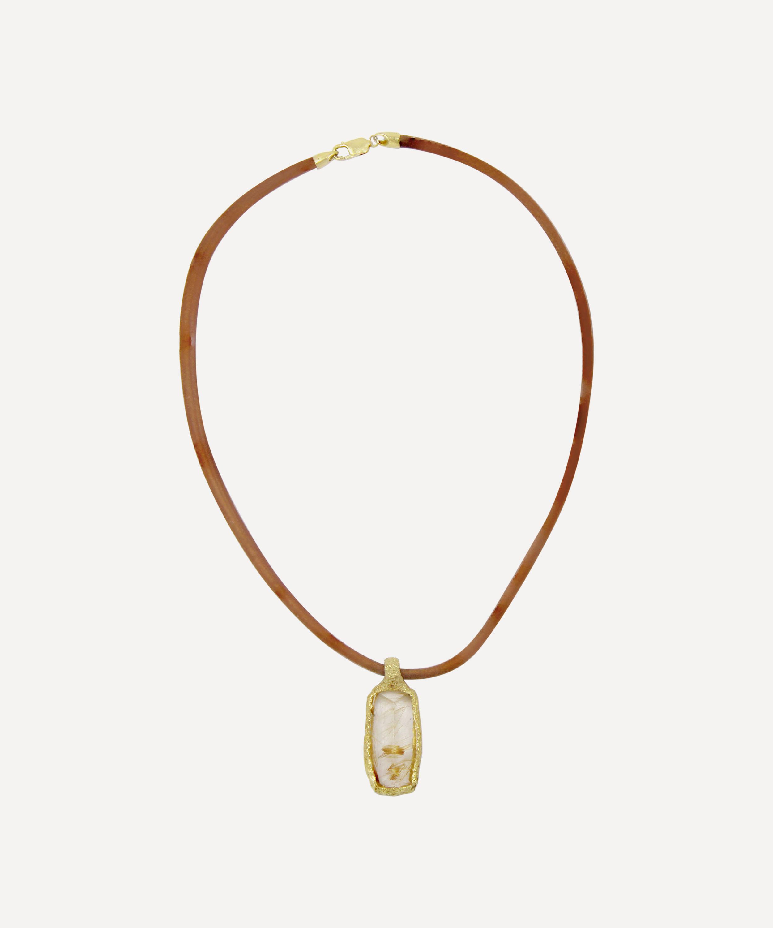 Kojis - Gold 1970s Leather Cord and Rutilated Quartz Pendant Necklace image number 0