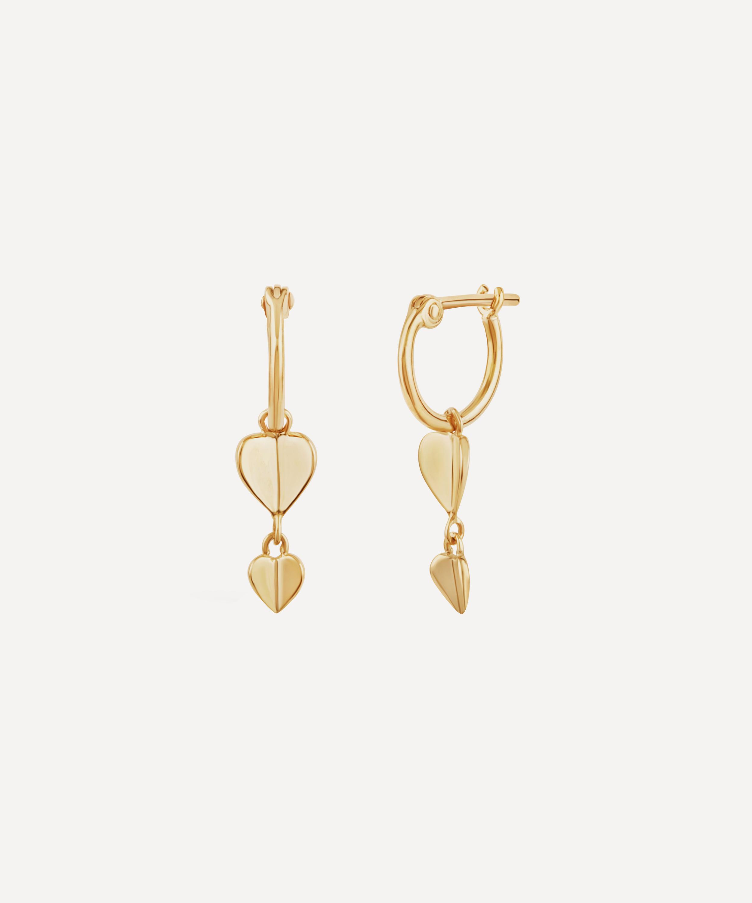 Dinny Hall - 9ct Gold Bijou Folded Heart Drop Hoop Earrings