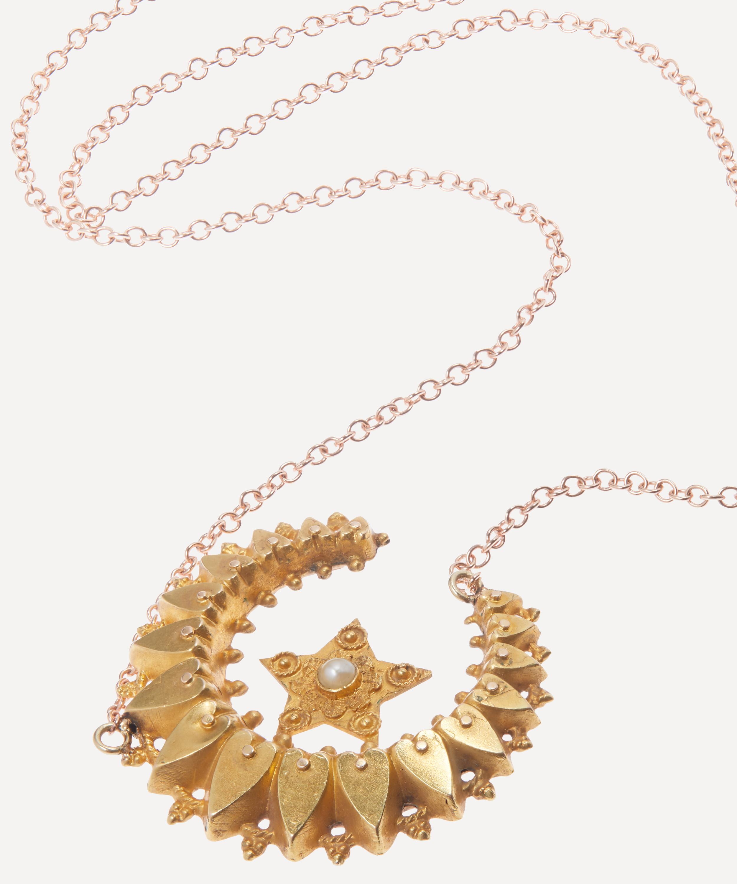 Annina Vogel Pearl Star and Crescent Moon Rose Gold Necklace Liberty