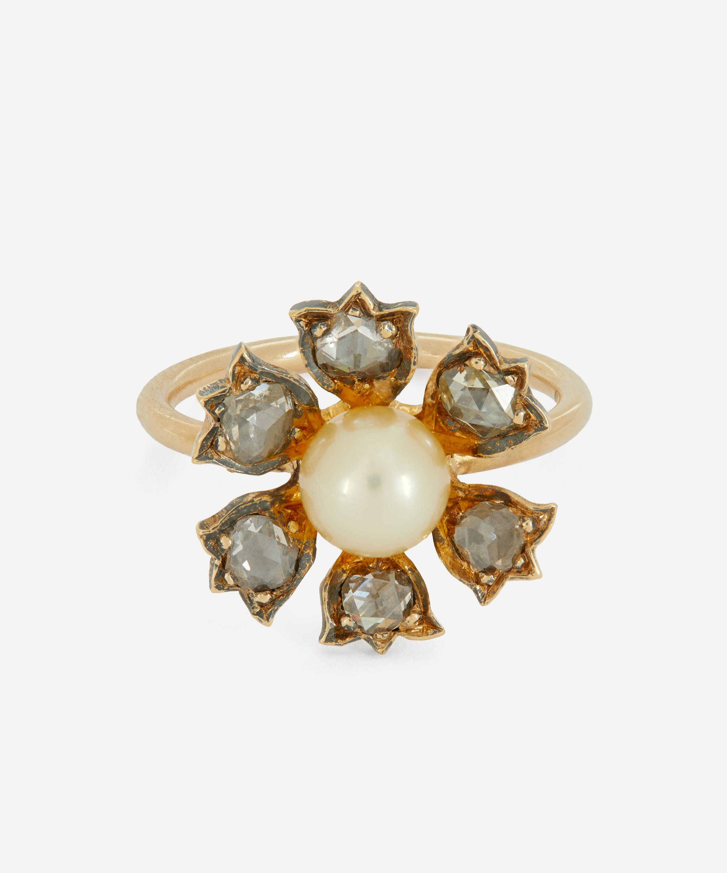 ANNINA VOGEL ROSE CUT DIAMOND AND PEARL FLOWER GOLD RING