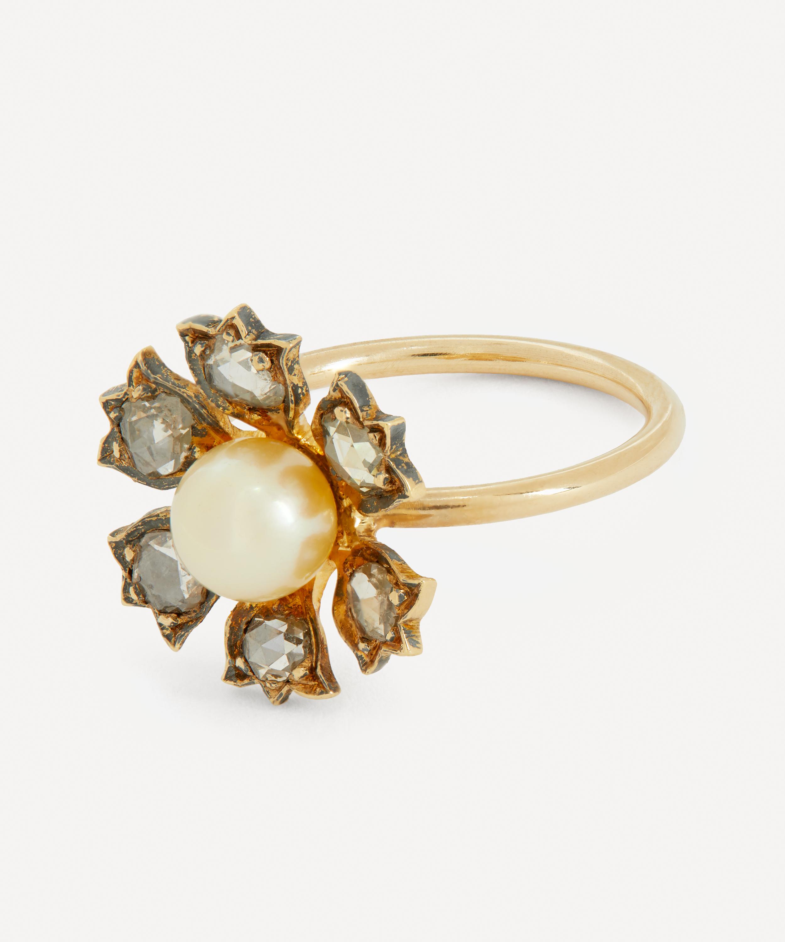 ANNINA VOGEL ROSE CUT DIAMOND AND PEARL FLOWER GOLD RING