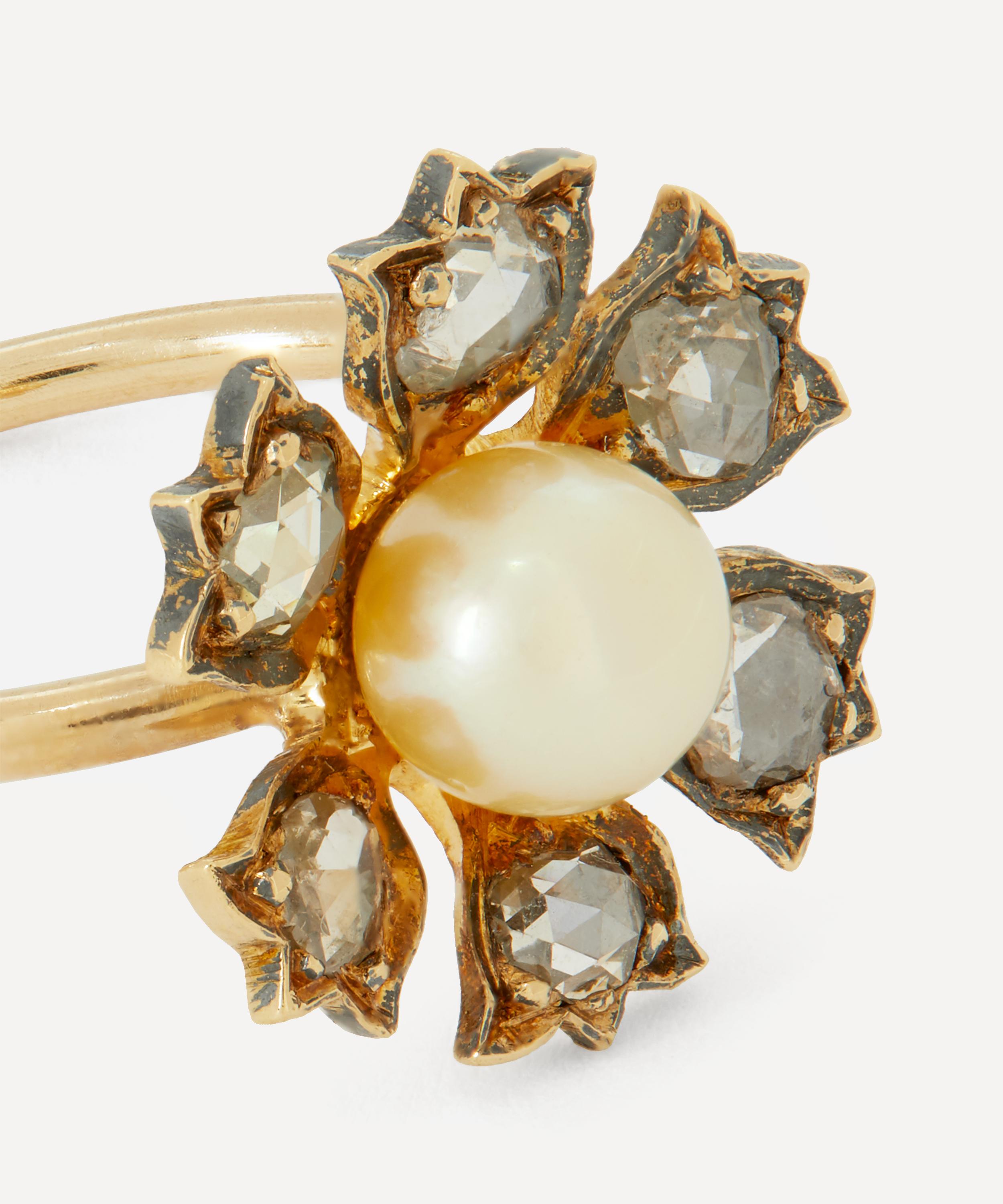 ANNINA VOGEL ROSE CUT DIAMOND AND PEARL FLOWER GOLD RING