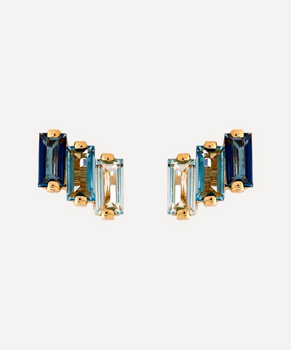 Suzanne Kalan - 14ct Gold Multi Blue Topaz Three Baguette Stud Earrings image number null