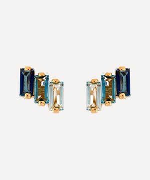 Suzanne Kalan - 14ct Gold Multi Blue Topaz Three Baguette Stud Earrings image number 0