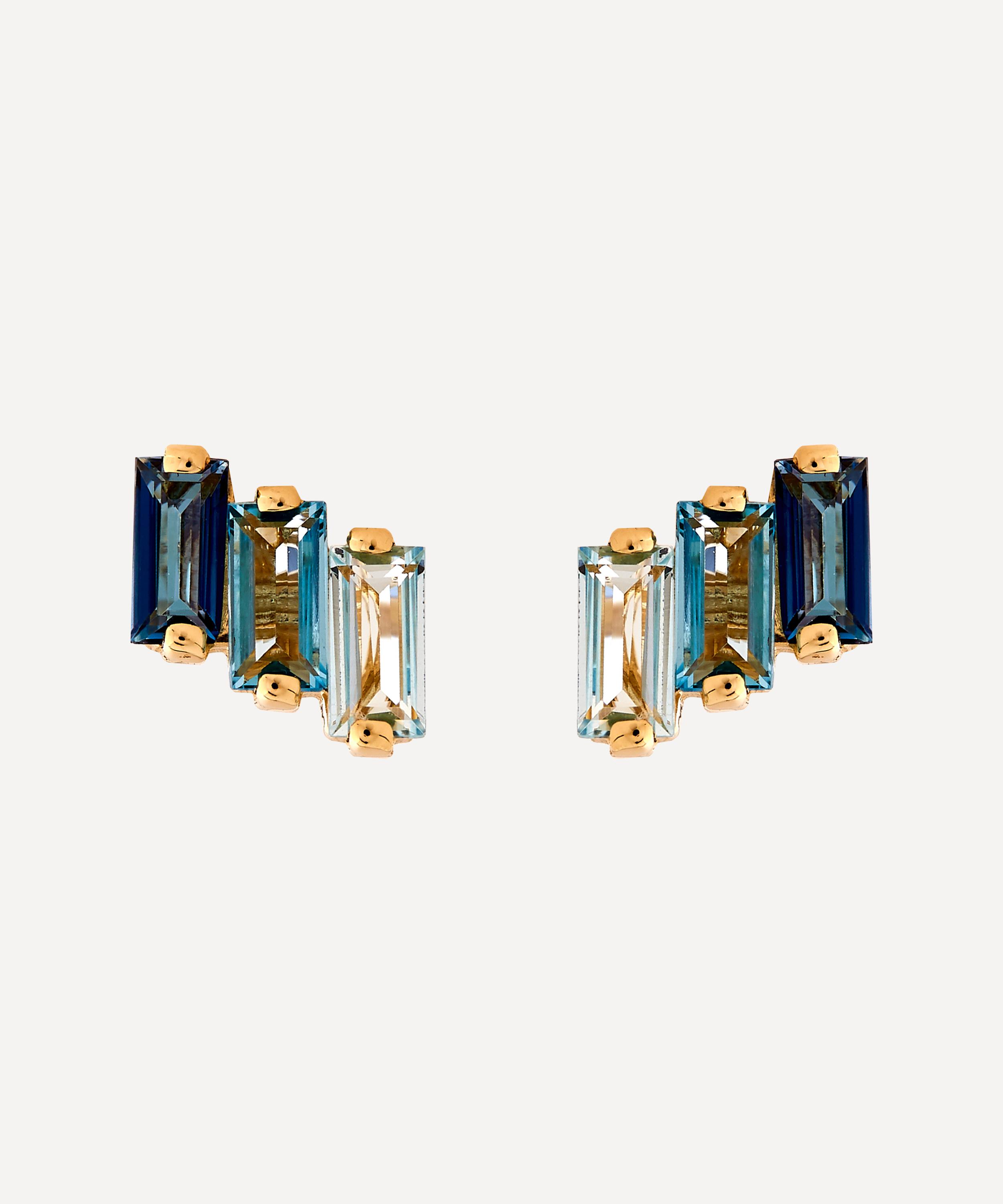 Suzanne Kalan - 14ct Gold Multi Blue Topaz Three Baguette Stud Earrings