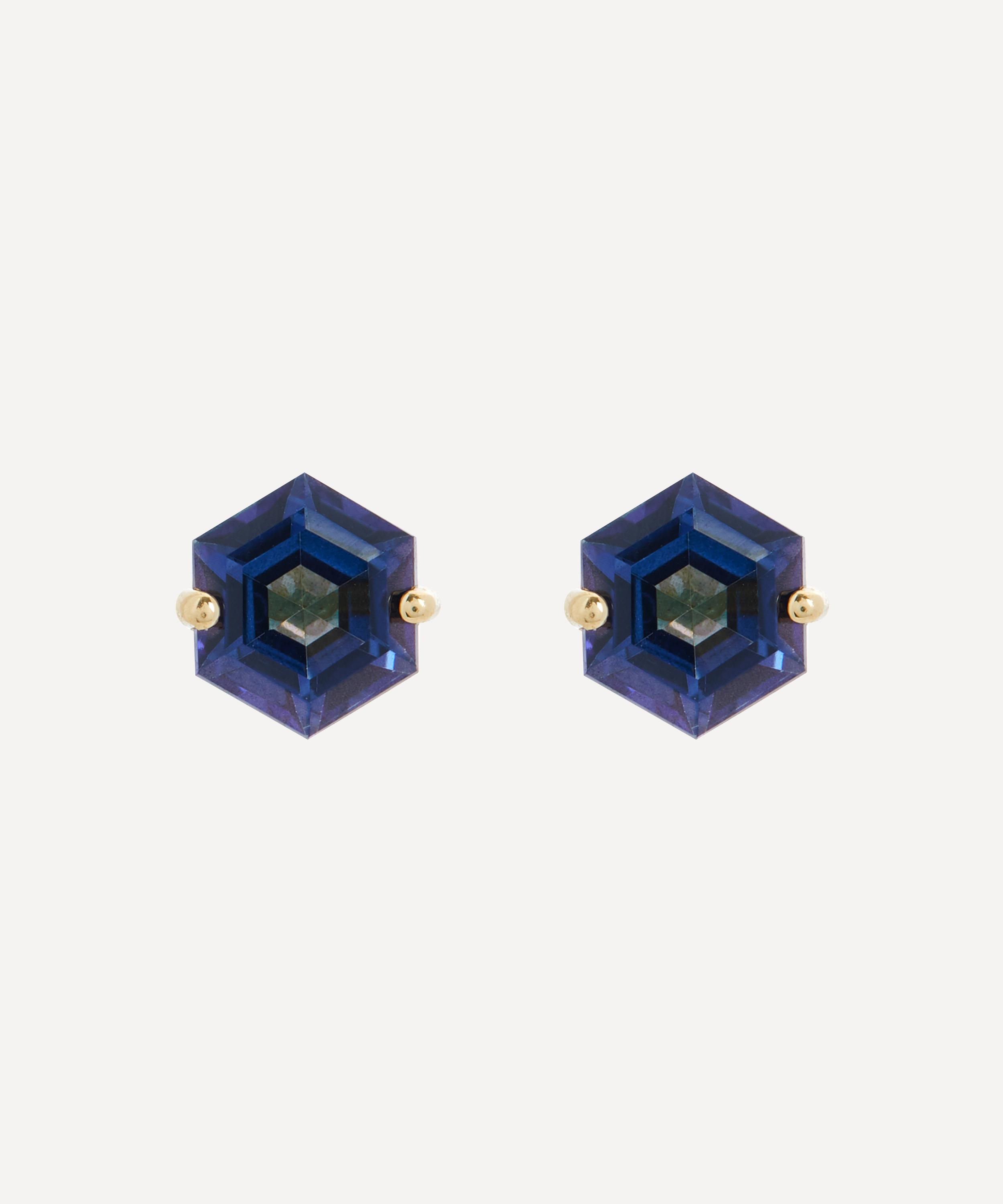 Suzanne Kalan - 14ct Gold Hexagon Cut English Blue Topaz Stud Earrings image number 0