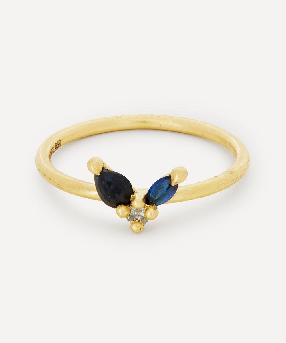 Polly Wales - 18ct Gold Floret Blue and Black Sapphire Ring