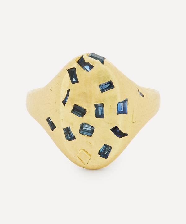 Polly Wales - 18ct Gold Blue Baguette Sapphire Signet Ring