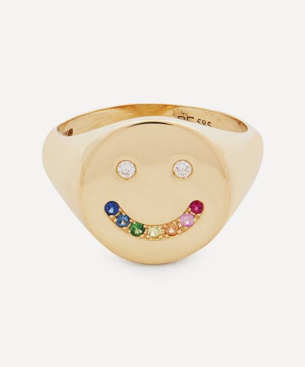 Roxanne First - 14ct Gold Diamond and Rainbow Sapphire Smiley Signet Ring