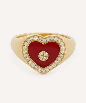 Gold Love Heart Red Agate and Diamond Signet Ring
