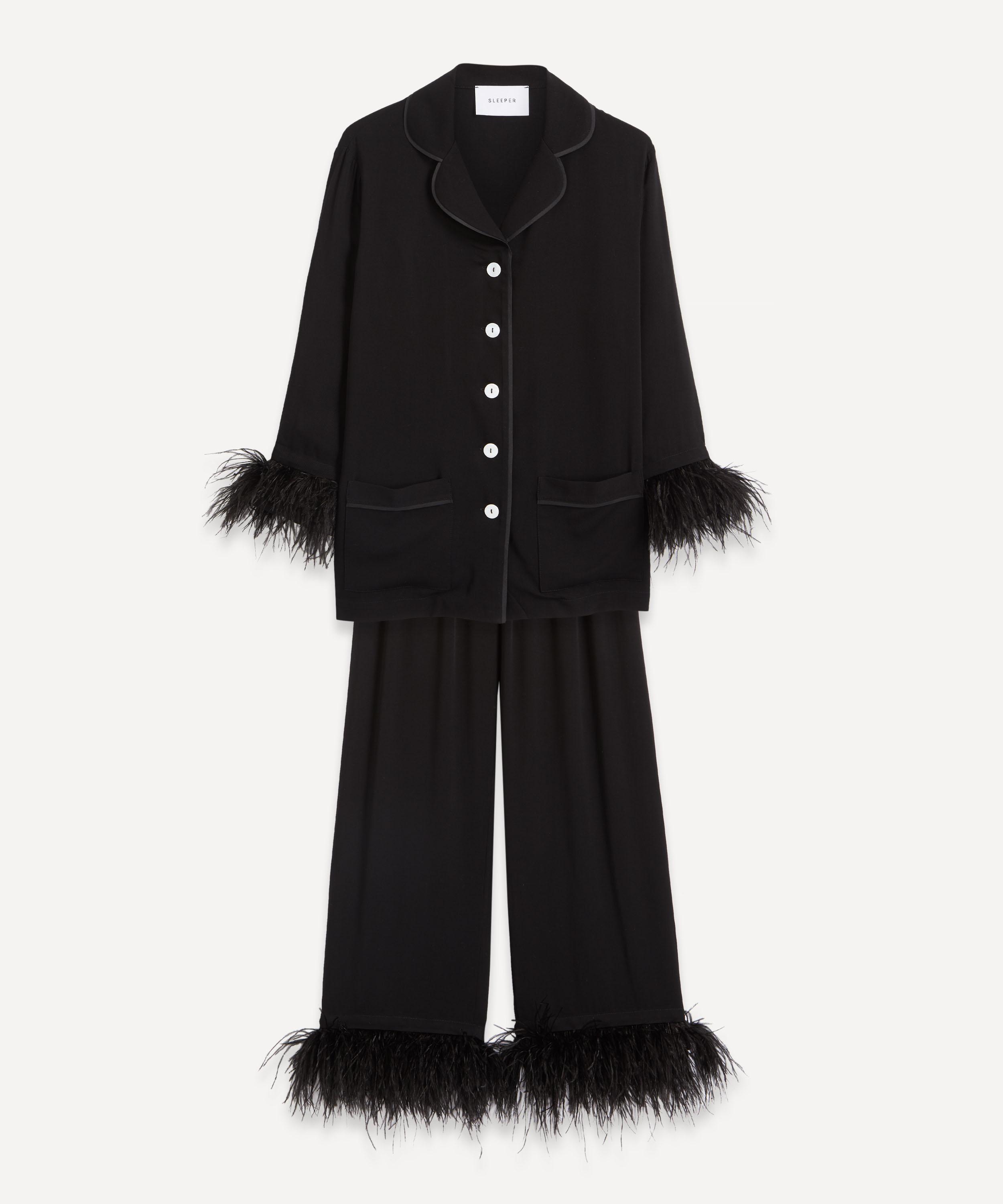 Sleeper Party Feather-trim Woven Pyjama Set in Black