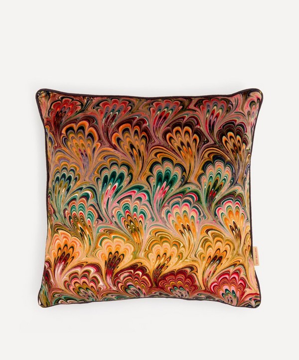 Susi Bellamy - Peacock Bouquet Marbled Velvet Square Cushion image number 0