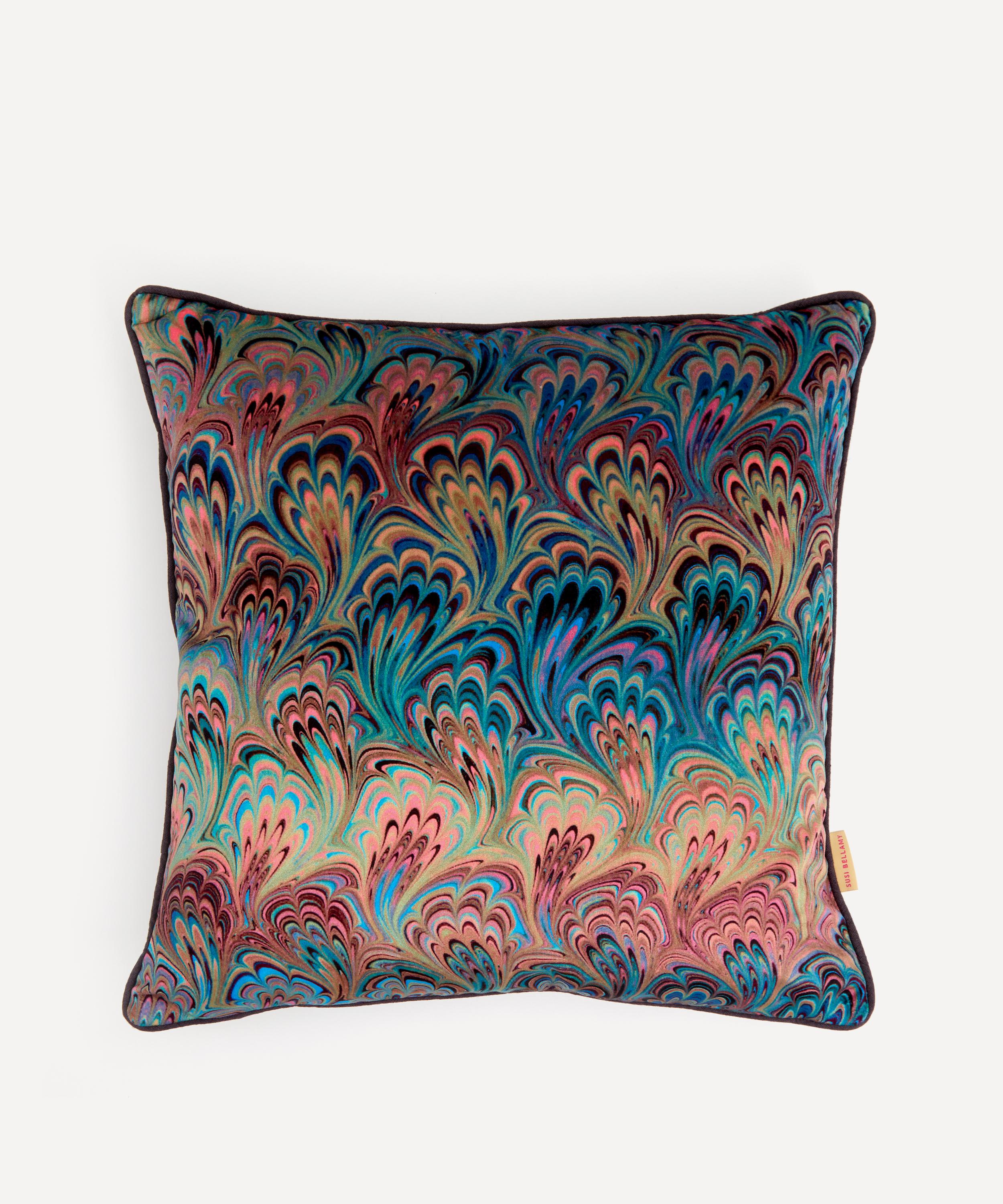 Susi Bellamy - Teal Bouquet Marbled Velvet Square Cushion image number 0