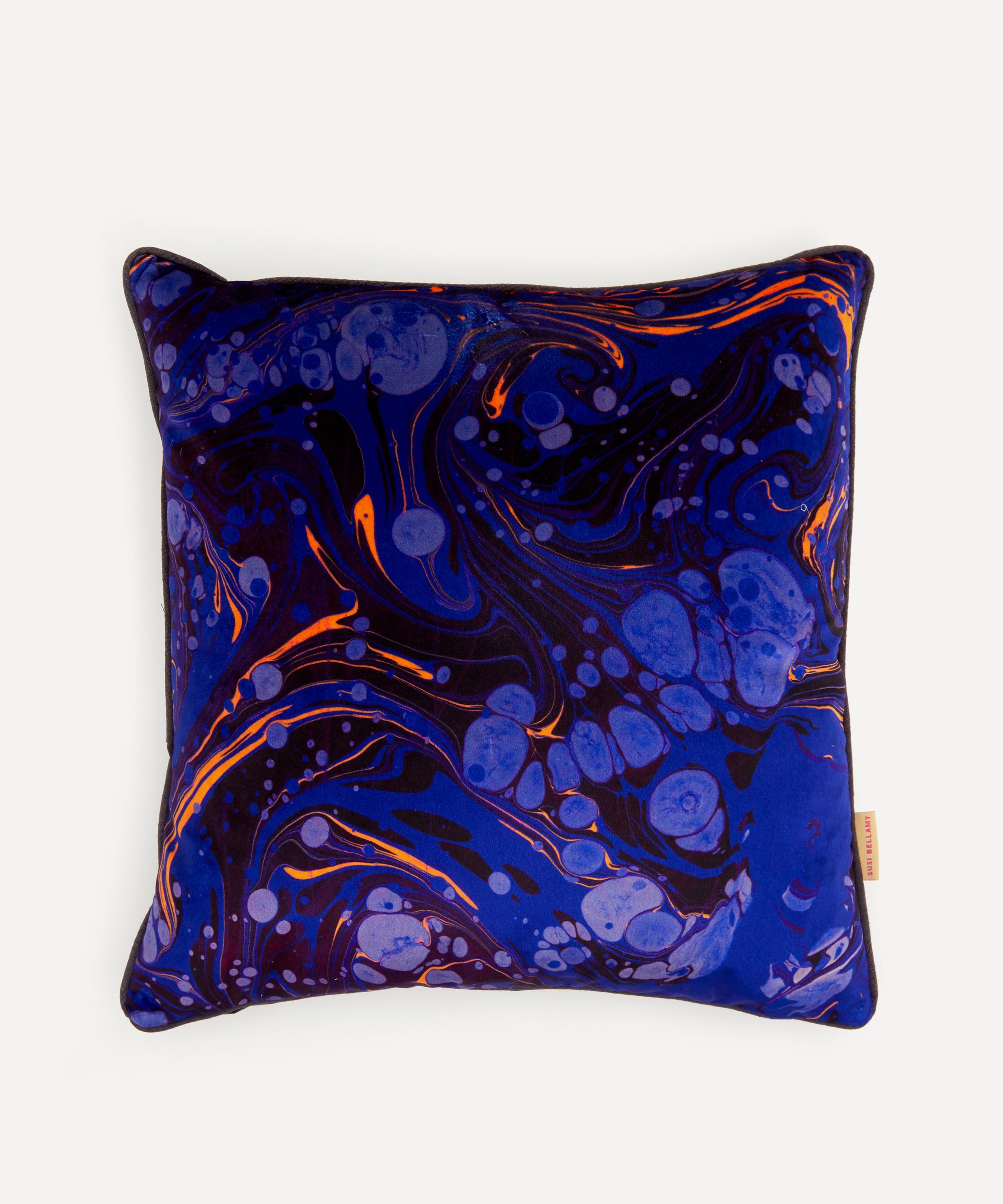 Susi Bellamy - Sapphire Marbled Velvet Square Cushion image number 0