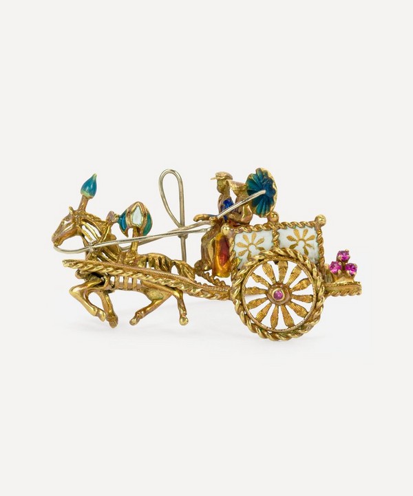 Kojis - 18ct Gold Enamel and Ruby Horse and Cart Brooch image number null